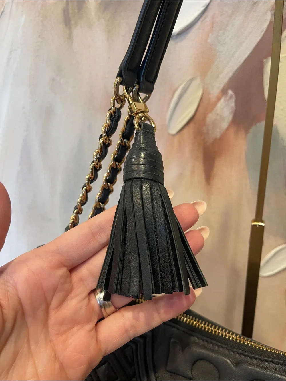 Tory Burch Black Quilted Leather Chain Shoulder Bag with Tassel